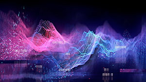 Neon Wireframe Mountain Landscape with Digital Data Particles and Cyber Grid Overlay HD wallpaper