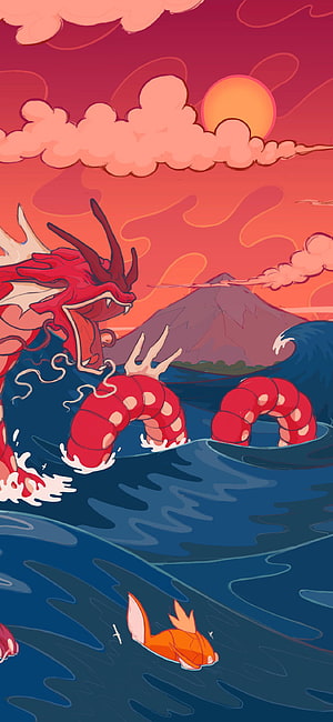 Gyarados and Magikarp in a stylized ocean scene with a sunset and mountain backdrop HD phone wallpaper