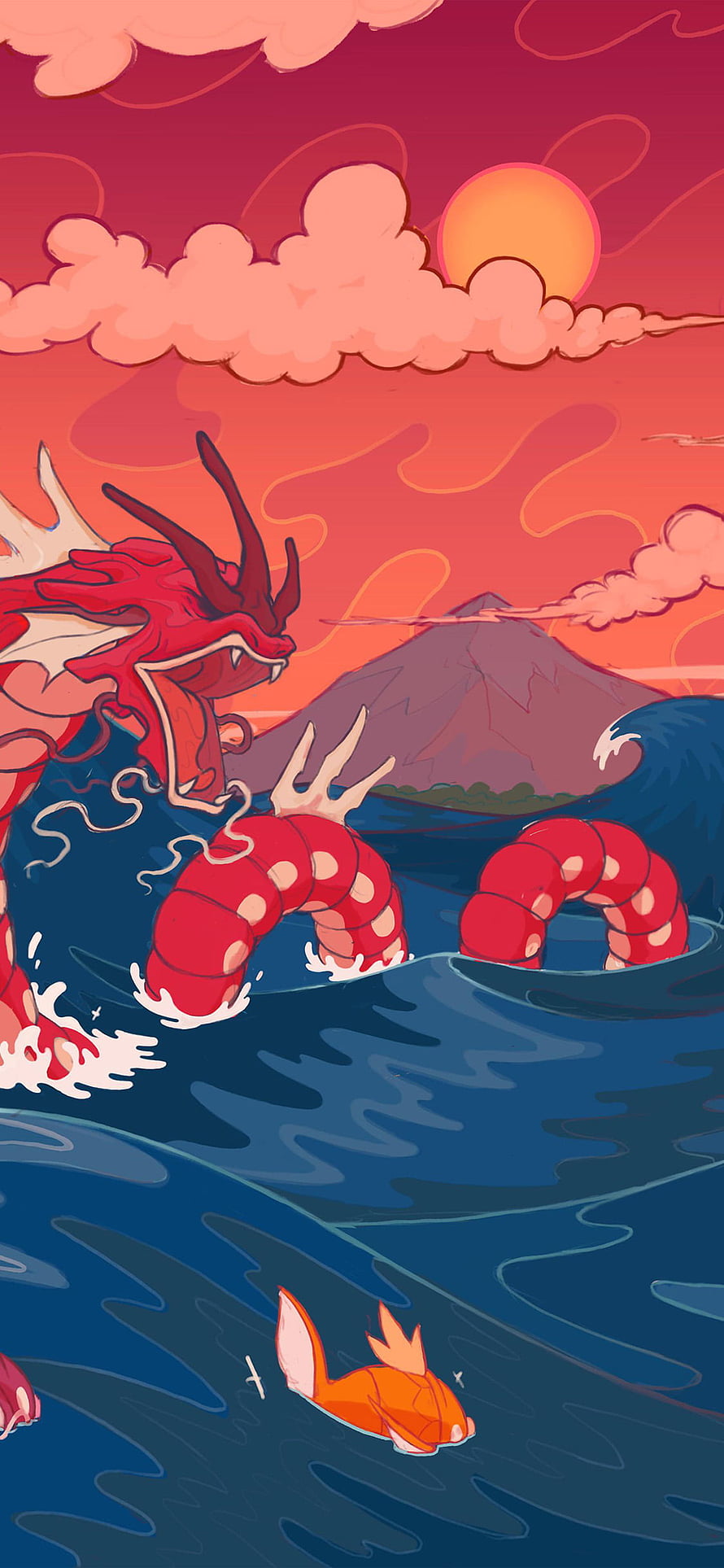 Gyarados and Magikarp in a stylized ocean scene with a sunset and mountain backdrop HD phone wallpaper