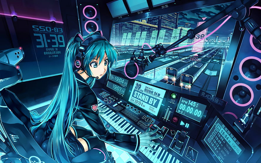 Hatsune Miku as Train Dispatcher in Futuristic Control Room with Neon Lighting and Digital Screens HD wallpaper