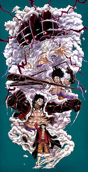One Piece Luffy Gear 5 Evolution Artwork with Clouds and Lightning HD phone wallpaper