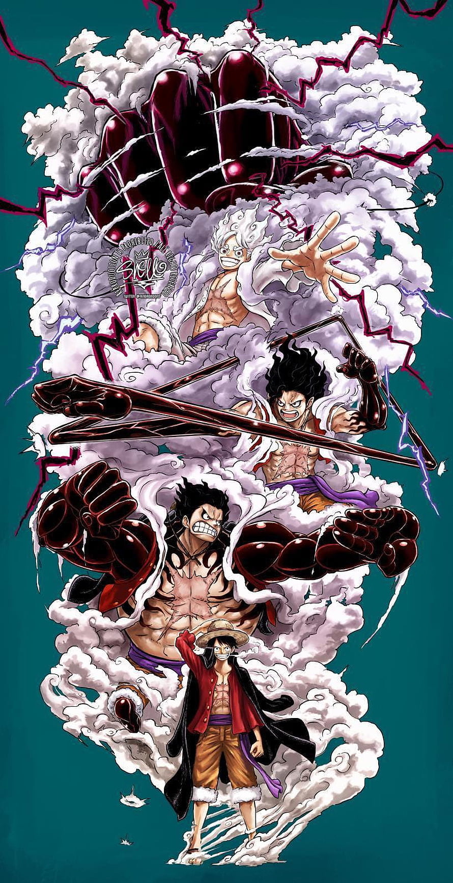 One Piece Luffy Gear 5 Evolution Artwork with Clouds and Lightning HD phone wallpaper