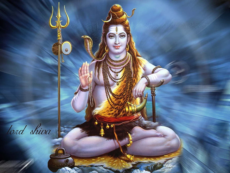 Lord Shiva Meditating with Trishula and Snake in Divine Blue Light HD wallpaper
