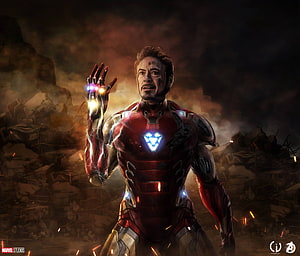 Tony Stark in Iron Man Armor Holding Infinity Gauntlet Amidst Battlefield Debris HD wallpaper