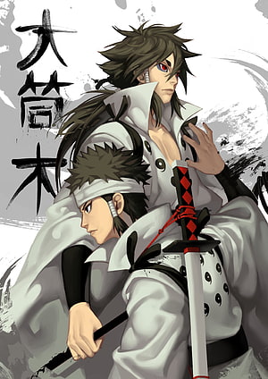 Indra and Ashura Otsutsuki in White Robes with Swords and Japanese Calligraphy HD phone wallpaper