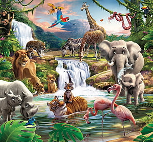 Colorful Cartoon Jungle Scene Featuring Lion, Elephant, Tiger, Giraffe, and Flamingos Near Waterfall HD wallpaper