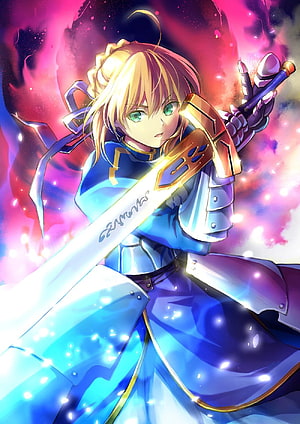Saber from Fate Stay Night Wielding Excalibur in Vibrant Fantasy Anime Art HD phone wallpaper
