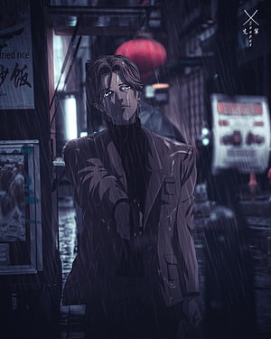Johan Liebert from Monster in a Rainy Night Street Scene HD phone wallpaper