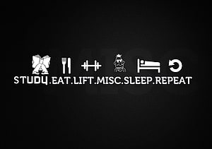 Minimalist Bodybuilding Routine Icons with Study Eat Lift Sleep Repeat Text on Black Background HD wallpaper