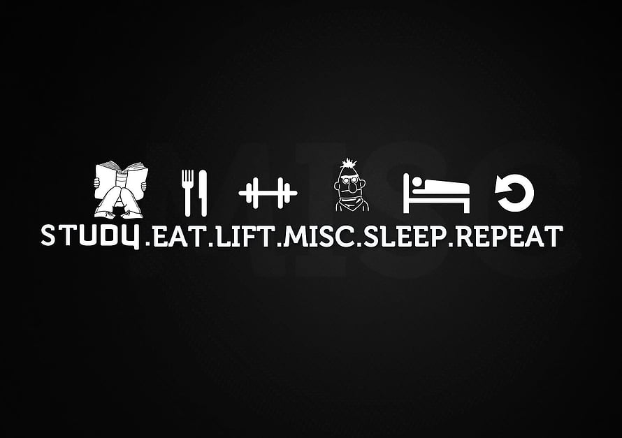 Minimalist Bodybuilding Routine Icons with Study Eat Lift Sleep Repeat Text on Black Background HD wallpaper