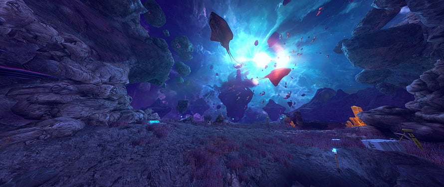 Black Mesa Xen Alien Cavern with Glowing Portal and Floating Rocks HD wallpaper