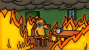 This Is Fine Dog Meme Cartoon Illustration With Fire And Coffee HD wallpaper