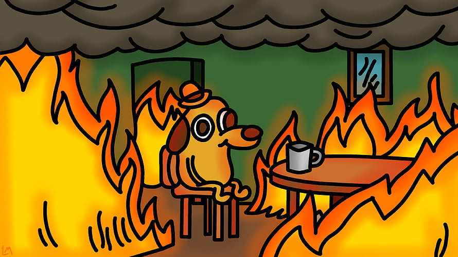 This Is Fine Dog Meme Cartoon Illustration With Fire And Coffee HD wallpaper
