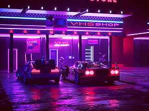 Cyberpunk VHS Shop with Neon Purple Cars and Retro Aesthetic HD wallpaper