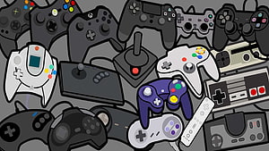 Retro Gaming Controller Collection Illustration Featuring Classic Console Pads and Joysticks HD wallpaper