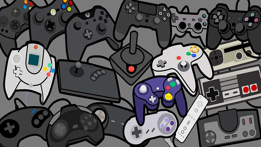 Retro Gaming Controller Collection Illustration Featuring Classic Console Pads and Joysticks HD wallpaper