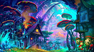 Vibrant Fantasy Mushroom Forest with Enchanted Cottages and Alien Sky HD wallpaper