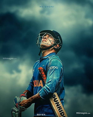 MS Dhoni in India Cricket Jersey Holding Bat Under Dramatic Stormy Sky HD phone wallpaper