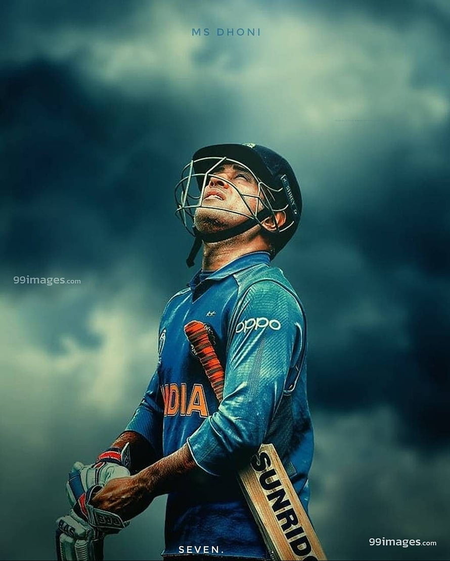 MS Dhoni in India Cricket Jersey Holding Bat Under Dramatic Stormy Sky HD phone wallpaper