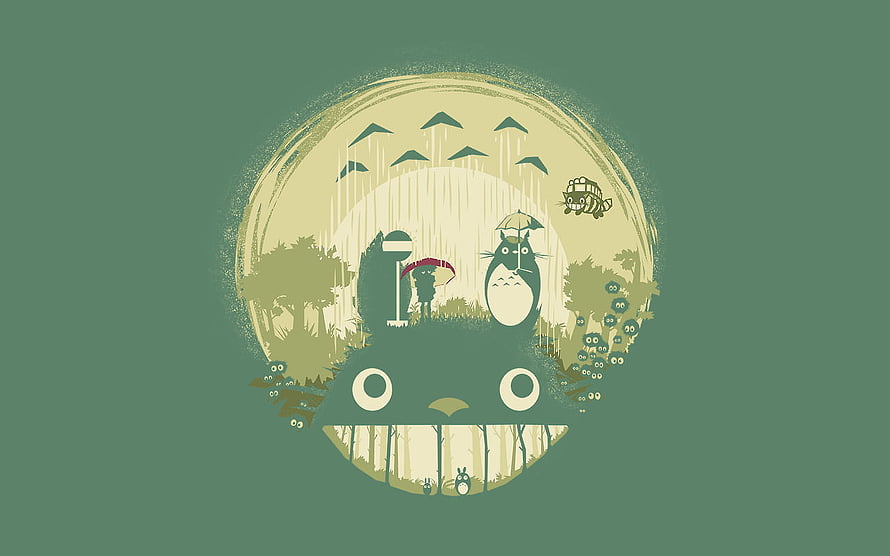 My Neighbor Totoro Rainy Day Scene with Catbus and Forest Spirits in Studio Ghibli Style HD wallpaper
