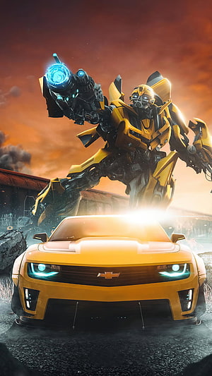 Bumblebee Robot and Yellow Chevrolet Camaro in Dramatic Sunset Battle Scene HD phone wallpaper