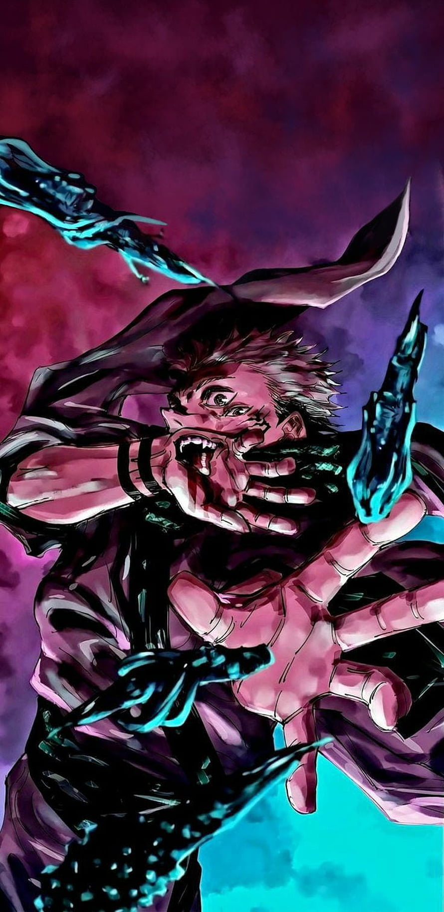 Sukuna from Jujutsu Kaisen in a Feral Battle Pose with Dark Energy HD phone wallpaper