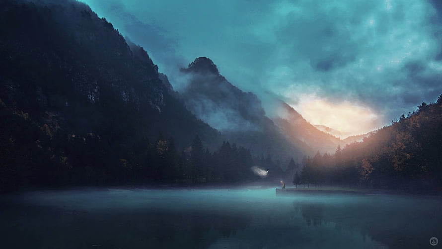 Misty Mountain Lake at Dawn with Dramatic Clouds and Forest Silhouettes HD wallpaper