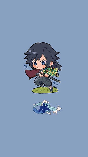 Chibi Giyu Tomioka from Demon Slayer in a Water Breathing Stance on a Blue Background HD phone wallpaper