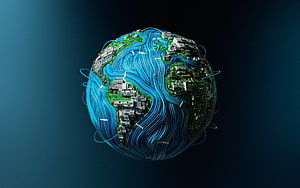Digital Earth Globe with Circuit Board Continents and Fiber Optic Ocean Streams HD wallpaper