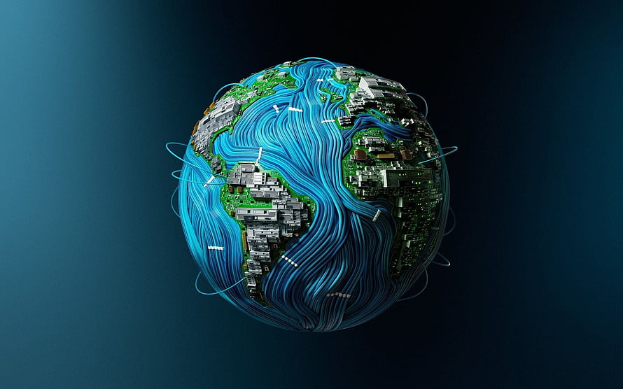 Digital Earth Globe with Circuit Board Continents and Fiber Optic Ocean Streams HD wallpaper