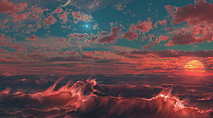 Crimson Ocean Sunset with Distant Moon and Starlit Sky HD wallpaper