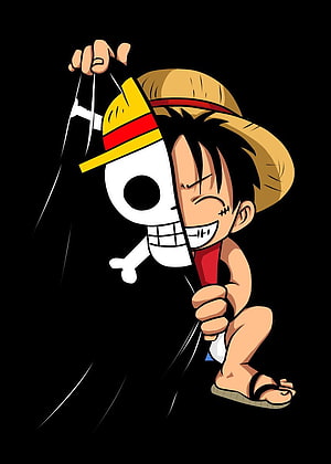 Chibi Monkey D. Luffy Holding Jolly Roger Flag One Piece Anime Illustration HD phone wallpaper