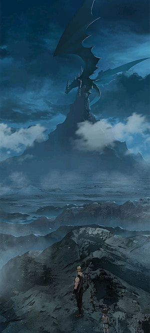 Dragon Her Summon Manhwa Artwork Featuring Giant Dragon and Characters on Rocky Cliff HD phone wallpaper