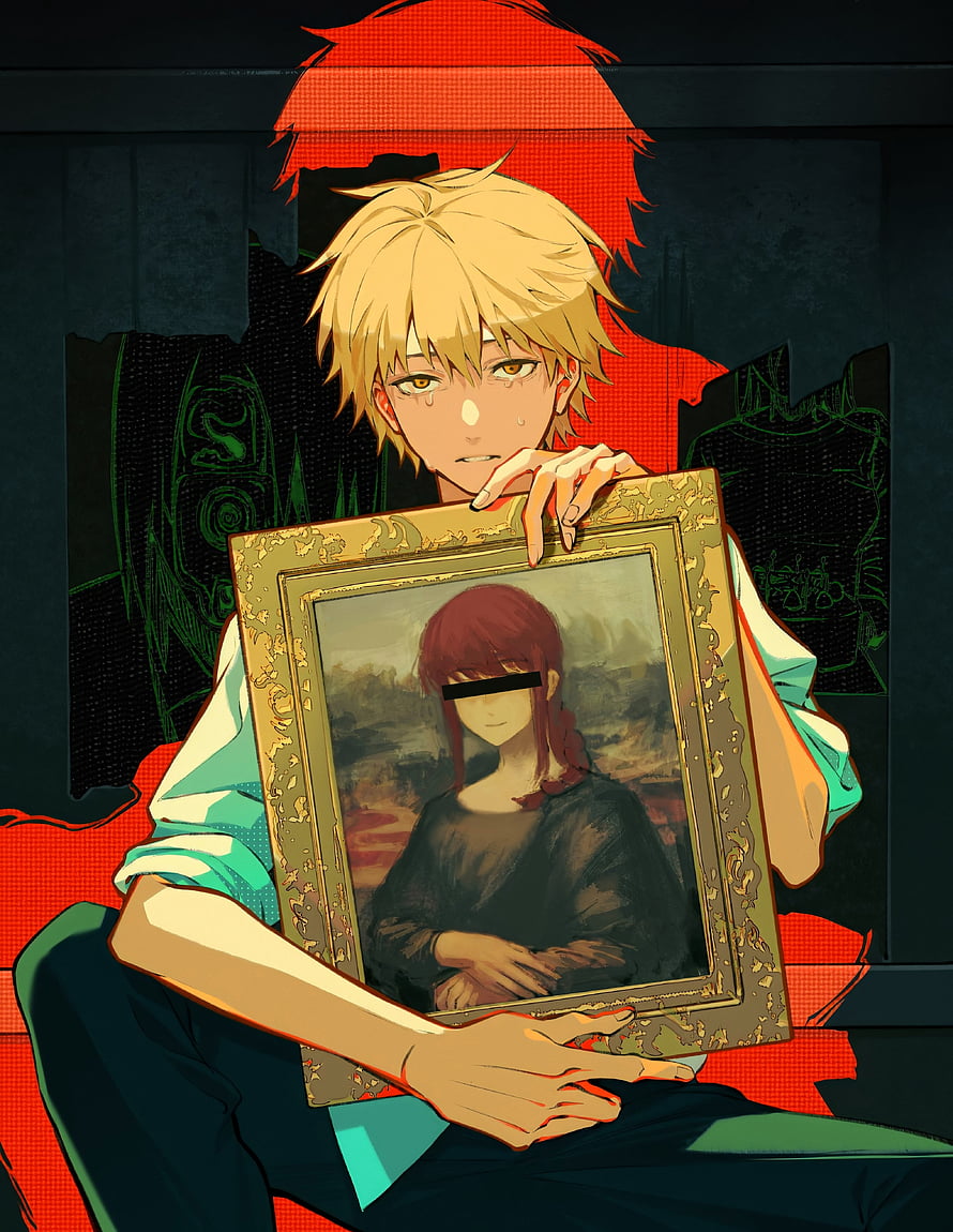 Chainsaw Man Denji Holding Framed Portrait of Makima in Dark Anime Illustration HD phone wallpaper