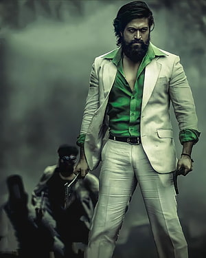 Yash as Rocky in KGF Chapter 2, menacing white suit and green shirt with pistol in smoky setting HD phone wallpaper