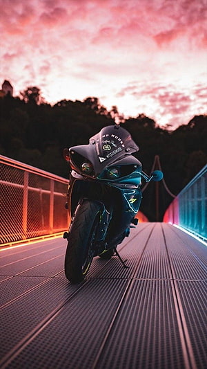 Yamaha R6 Sportbike Parked on Bridge at Sunset with Neon Lighting HD phone wallpaper