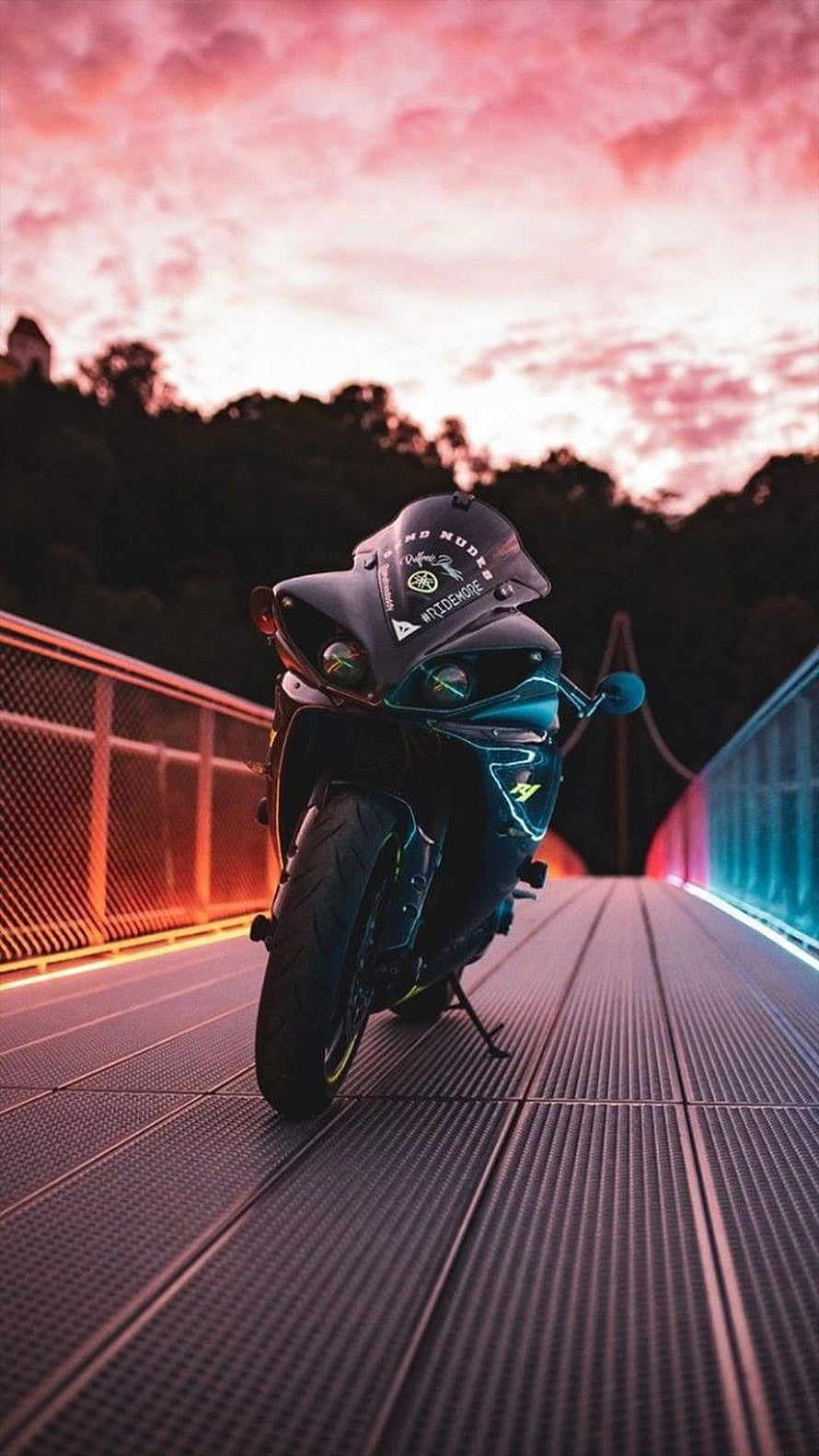 Yamaha R6 Sportbike Parked on Bridge at Sunset with Neon Lighting HD phone wallpaper