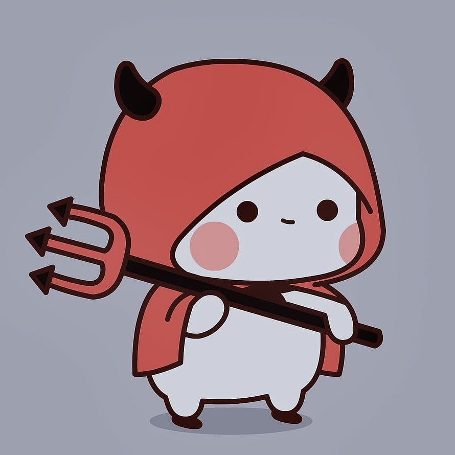 Cute Chibi Devil Character with Trident and Horned Hood on Gray Background HD phone wallpaper