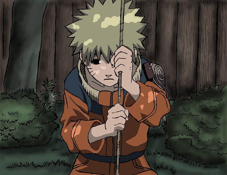 Naruto Uzumaki in a somber forest scene holding a staff with a melancholic expression HD wallpaper