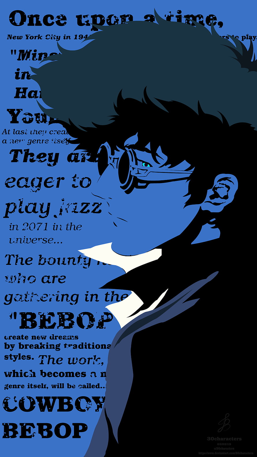Cowboy Bebop Spike Spiegel Blue Silhouette Portrait with Jazz Typography HD phone wallpaper