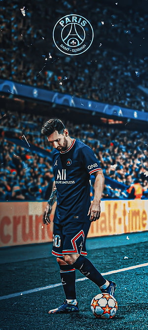 Lionel Messi in Paris Saint-Germain Kit with Champions League Ball on the Pitch HD phone wallpaper