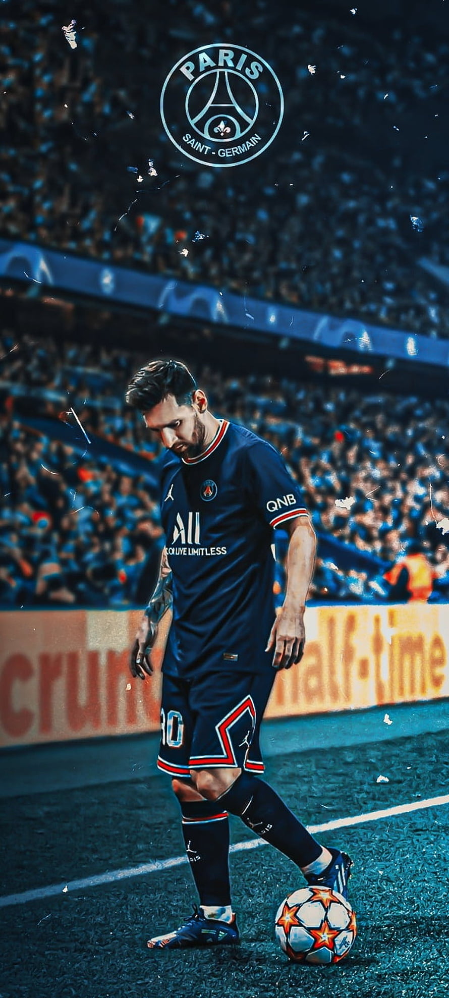 Lionel Messi in Paris Saint-Germain Kit with Champions League Ball on the Pitch HD phone wallpaper
