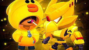 Brawl Stars Gold Mecha Crow and Sally Leon Duo in Vibrant Yellow 3D Render HD wallpaper
