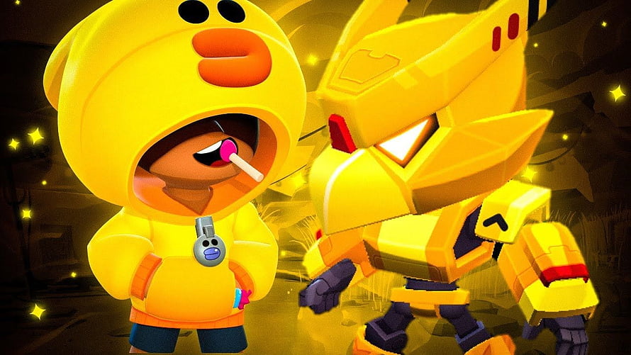 Brawl Stars Gold Mecha Crow and Sally Leon Duo in Vibrant Yellow 3D Render HD wallpaper