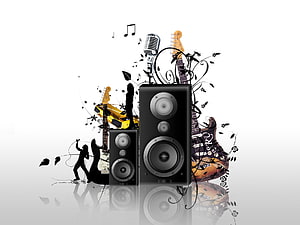 Music Studio Speaker Setup with Electric Guitars and Vintage Microphone HD wallpaper