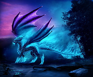 Glowing Blue Dragon with Electric Wings in a Mystical Night Forest HD wallpaper
