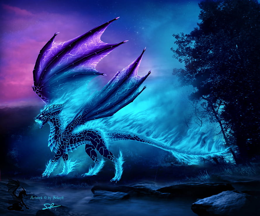 Glowing Blue Dragon with Electric Wings in a Mystical Night Forest HD wallpaper