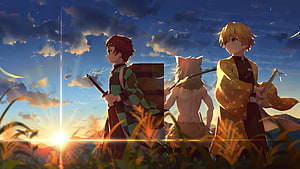 Demon Slayer Characters Standing in Golden Grass at Sunset HD wallpaper
