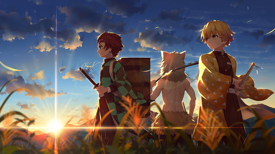 Demon Slayer Characters Standing in Golden Grass at Sunset HD wallpaper