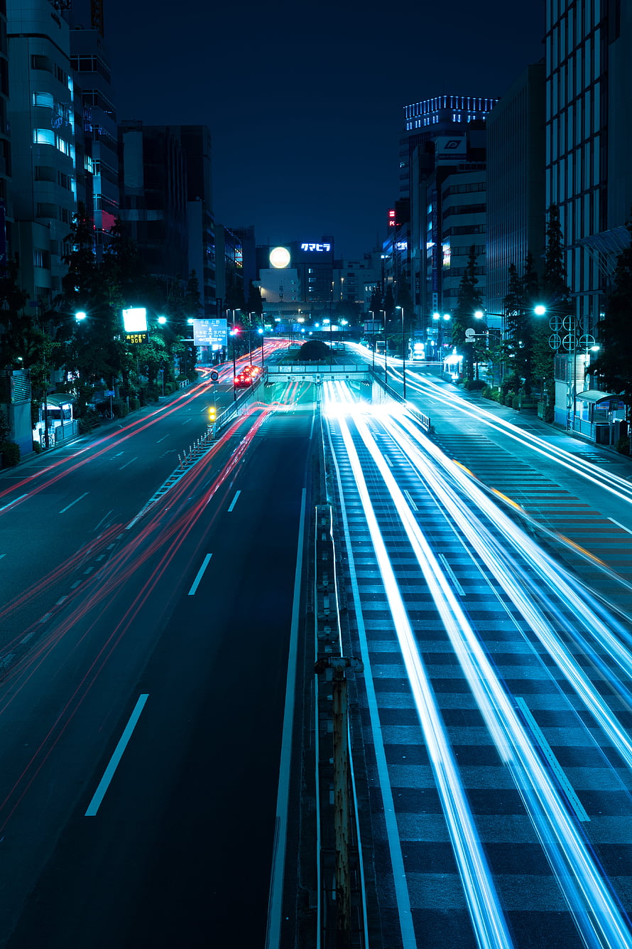Tokyo Night Highway Long Exposure with Blue and Red Light Trails HD phone wallpaper